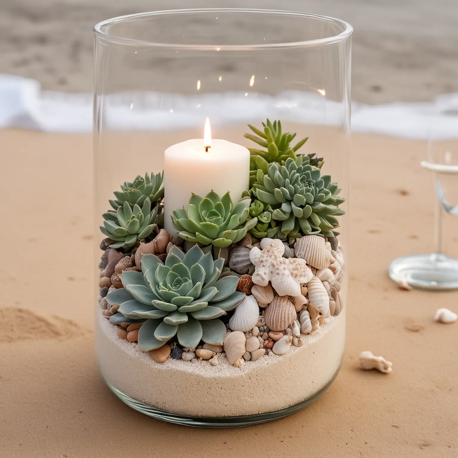 a simple wedding centerpiece with a cylinder glass vase filled with sand and a few succulents and seashells