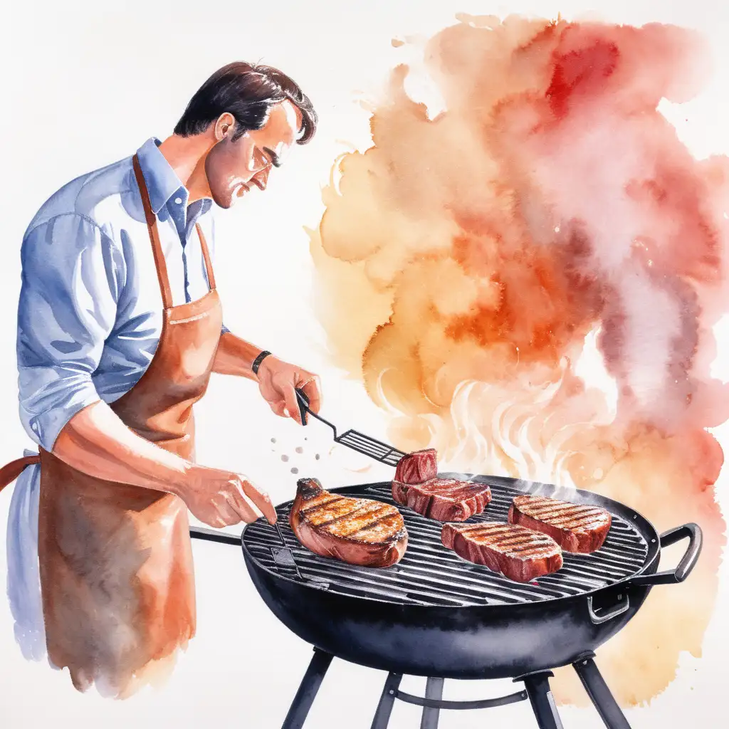 Man Grilling Meat Outdoors Watercolor Painting of Outdoor Cooking Scene