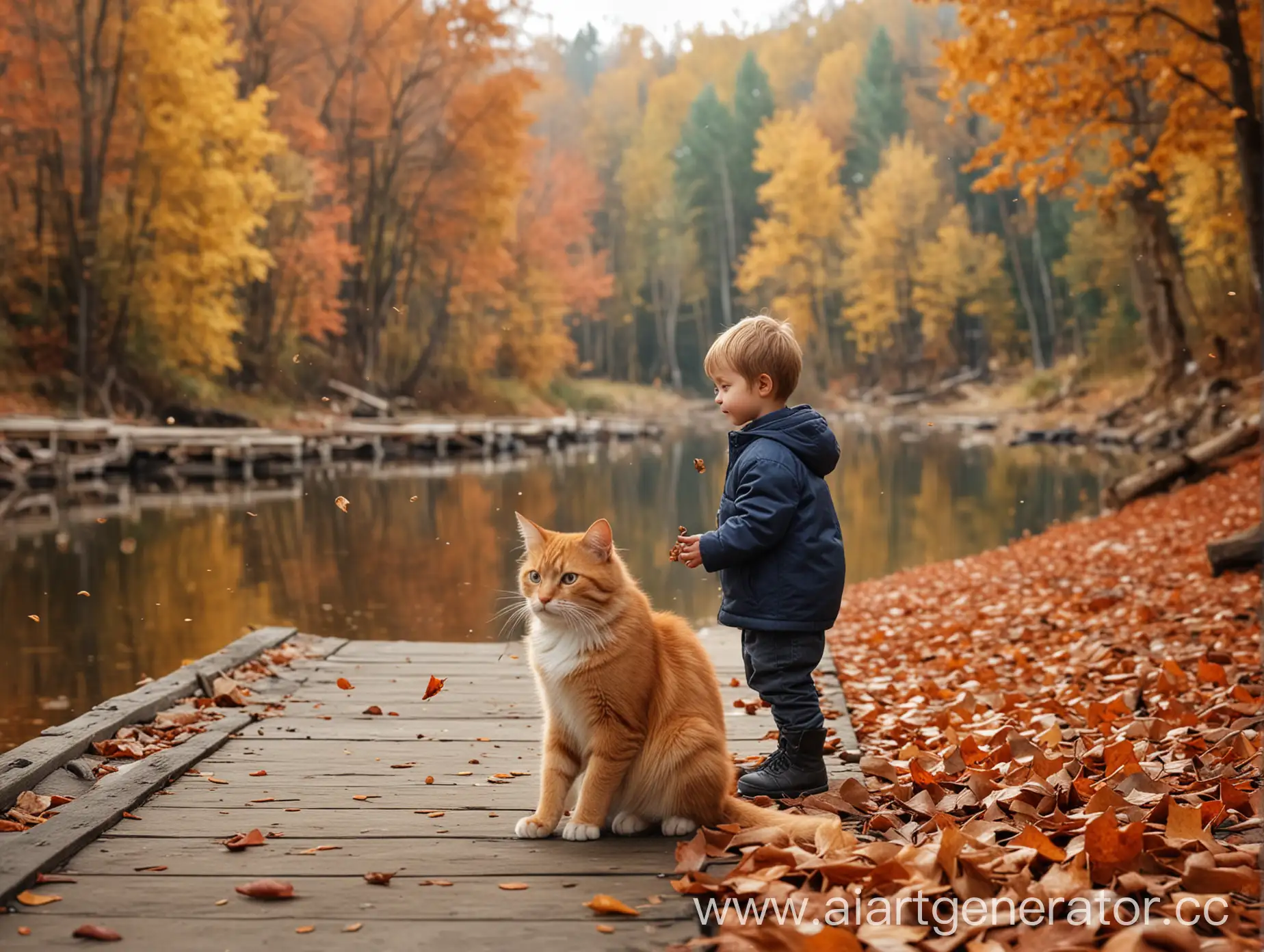 Маленький мальчик сидит на пристани и ловит рыбу, рядом рыжий кот, на фоне осенний лес, летят опавшие листья, фон сильно размыт, очень реалистично