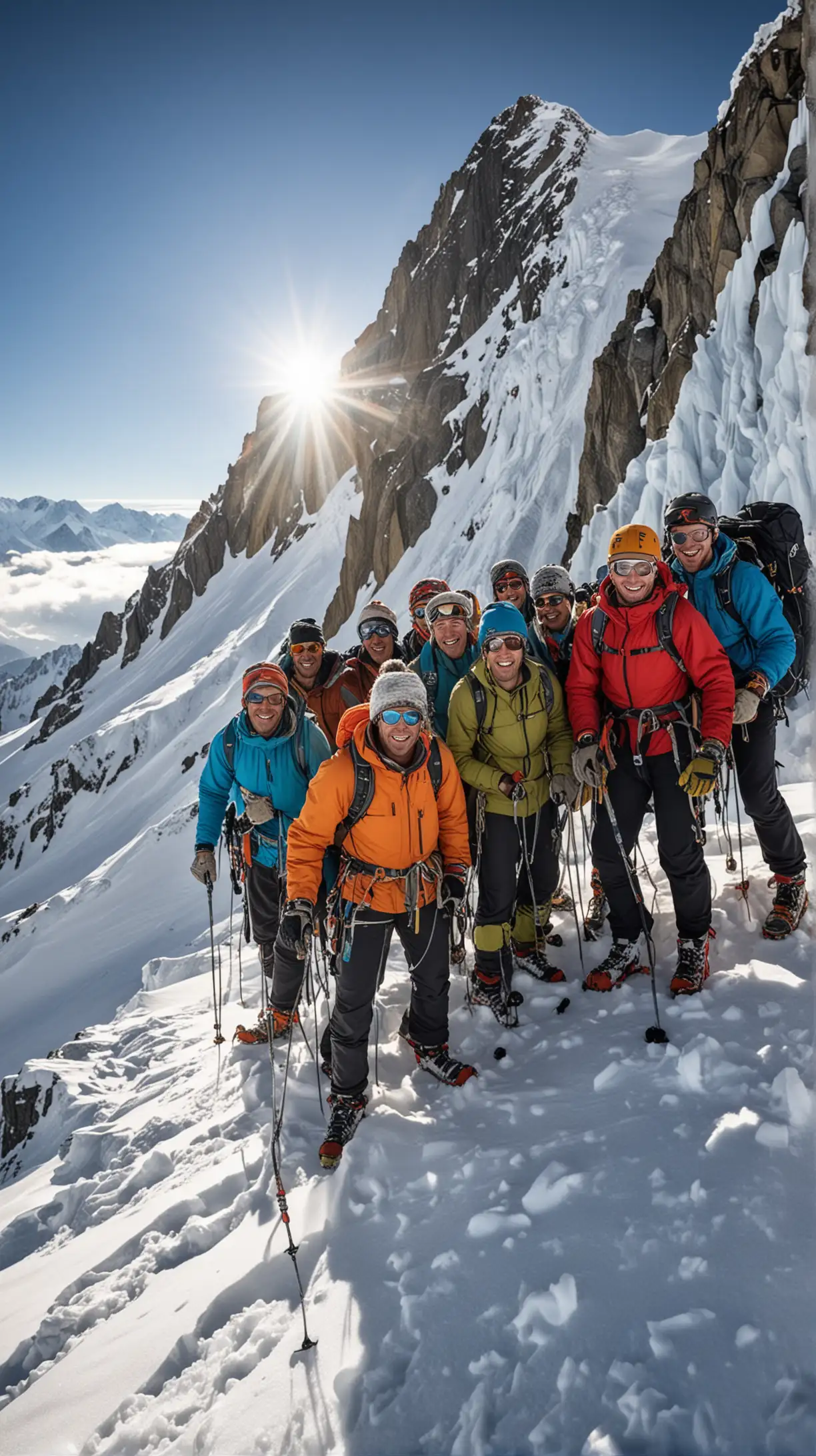 A group of nine alpine climbers, dressed in winter gear, stands together on a snow-covered mountain peak, posing for a group photo. They are smiling and visibly excited, with the vast expanse of rugged, snow-capped mountains stretching out behind them under a clear blue sky. The sunlight glistens on the snow, and their breath is visible in the cold air. Some climbers hold ski poles or ice axes, and a few have backpacks and climbing ropes. The scene captures the camaraderie and thrill of the high-altitude adventure.