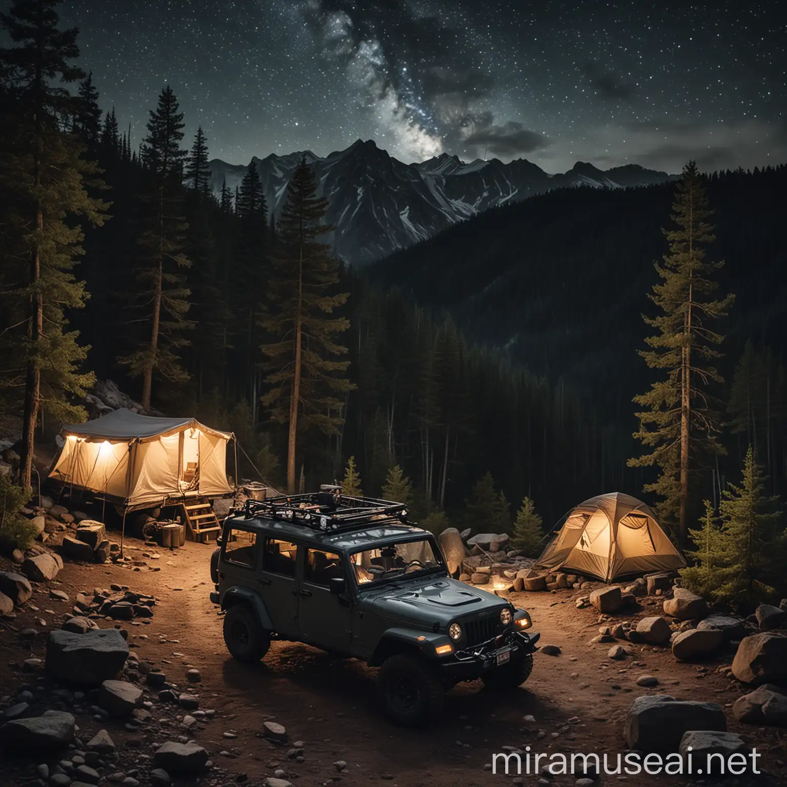 CREATE A NIGTH SCENE WITH A JEEP CAMP INTO THE MOUNTAIN, TREES.
