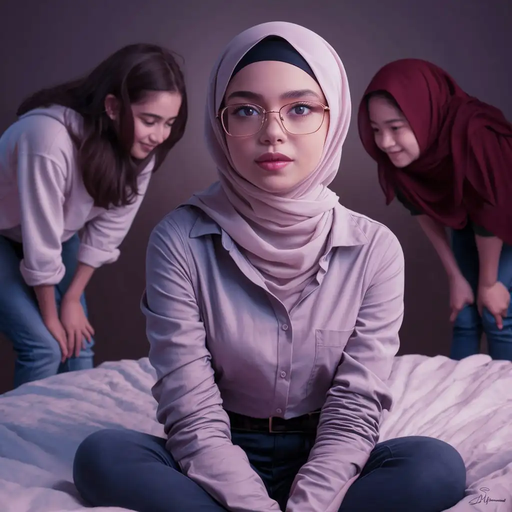 A most beautiful teenage girl.  17 years old. She wears a hijab, skinny shirt,
She is beautiful. They sits on the bed.
petite, plump lips.  Elegant, pretty, glasses. 2 other girls bending over behind the girl.