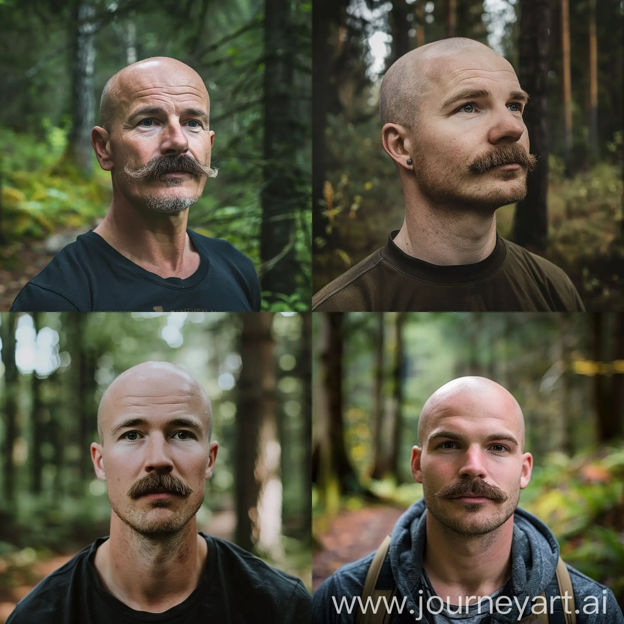 Bald man 2 meters with a small mustache and thick stubble in the forest