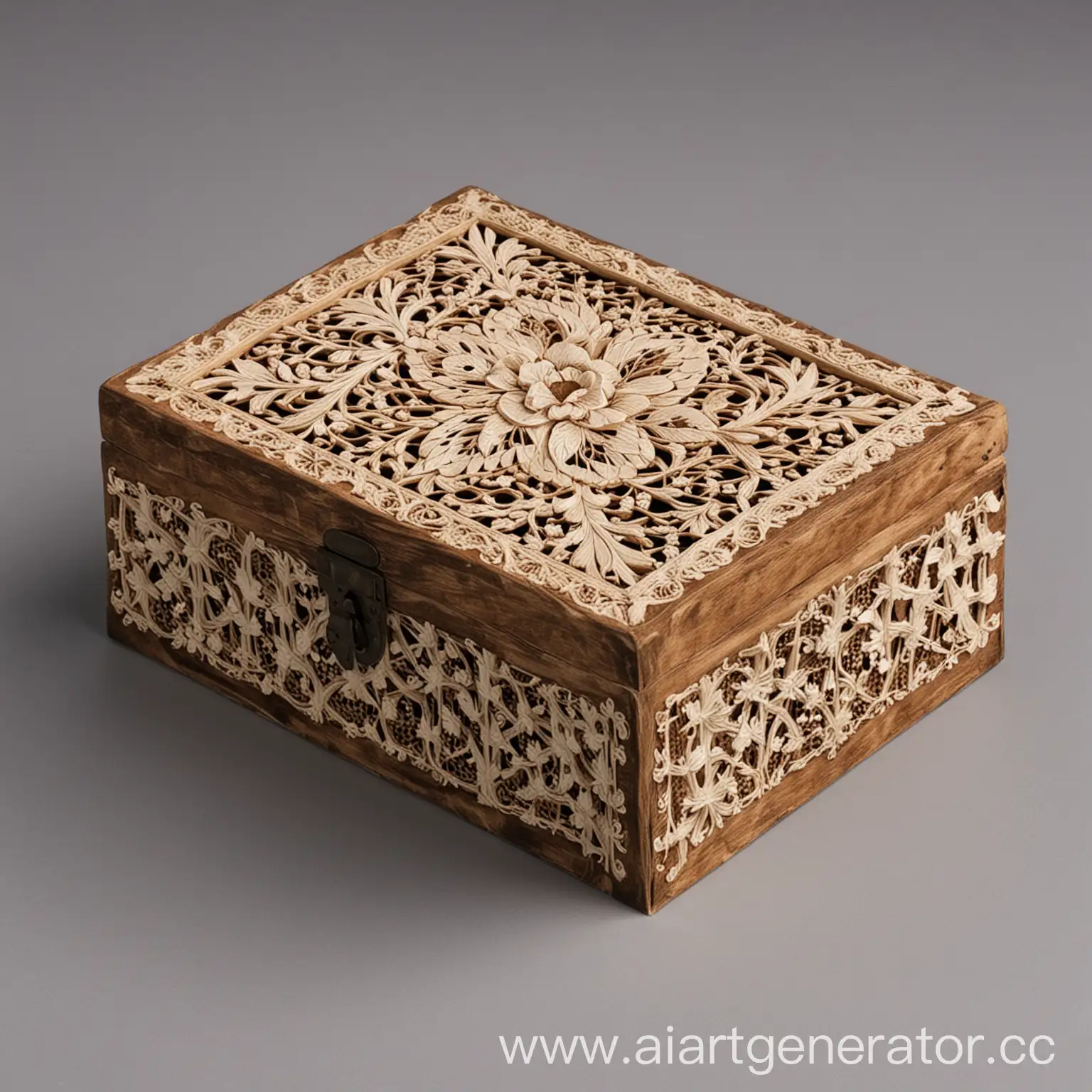 a wooden box. it has fishnet inserts made of bone. the inserts depict a floral ornament. work out the ornament in detail