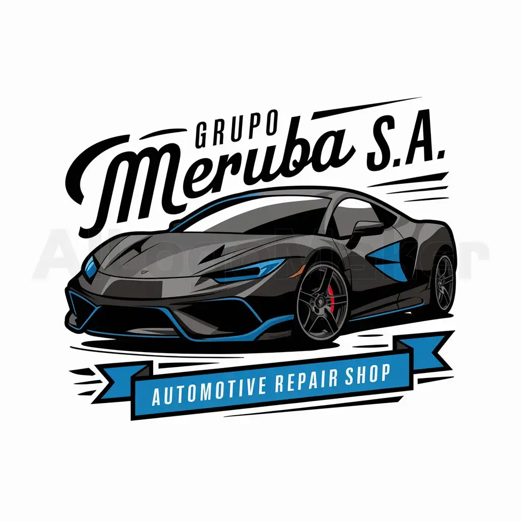 a logo design,with the text "GRUPO MERUBA S.A.
AUTOMOBILE REPAIR SHOP", main symbol:A SPORTS CAR WITH BLACK AND BLUE MATIS,complex,be used in Automotive industry,clear background