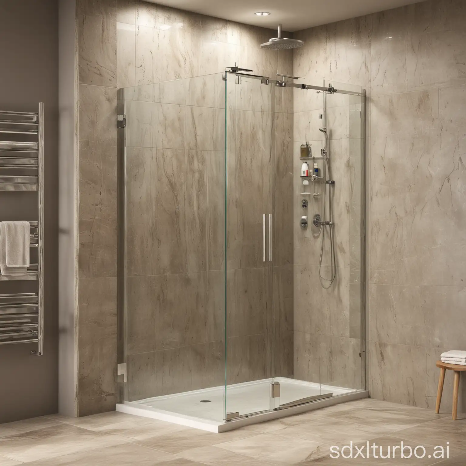 Create an image of glass shower enclosure with an adult opening the door