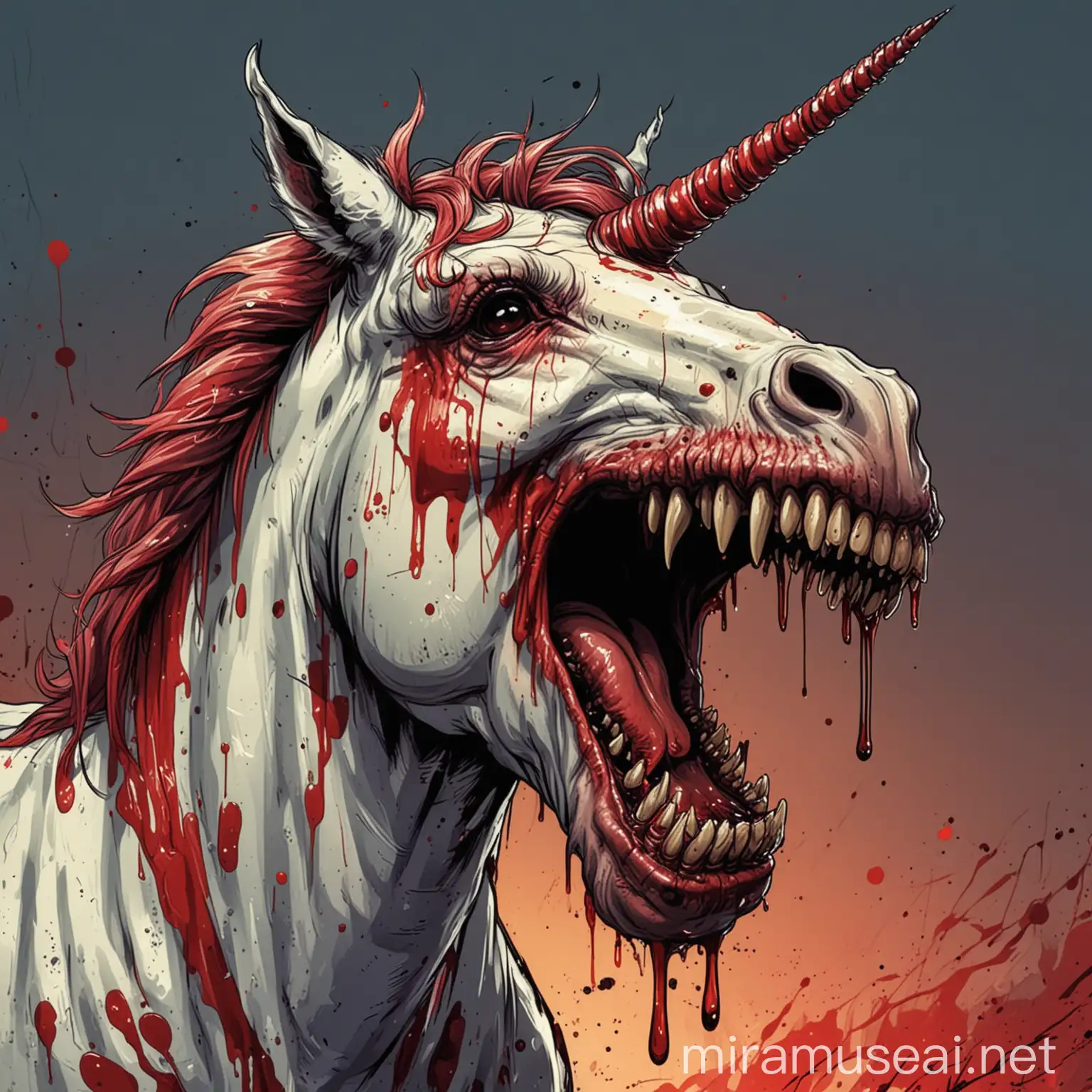 Menacing Bloodthirsty Unicorn with Bared Teeth Comic Style Illustration