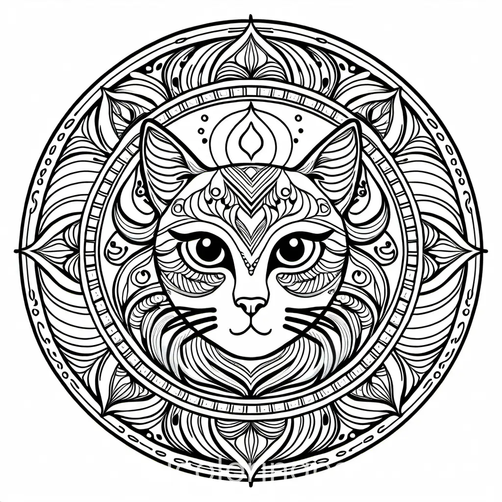 Mandala mit Katzenkopf in der Mitte, Coloring Page, black and white, line art, white background, Simplicity, Ample White Space. The background of the coloring page is plain white to make it easy for young children to color within the lines. The outlines of all the subjects are easy to distinguish, making it simple for kids to color without too much difficulty