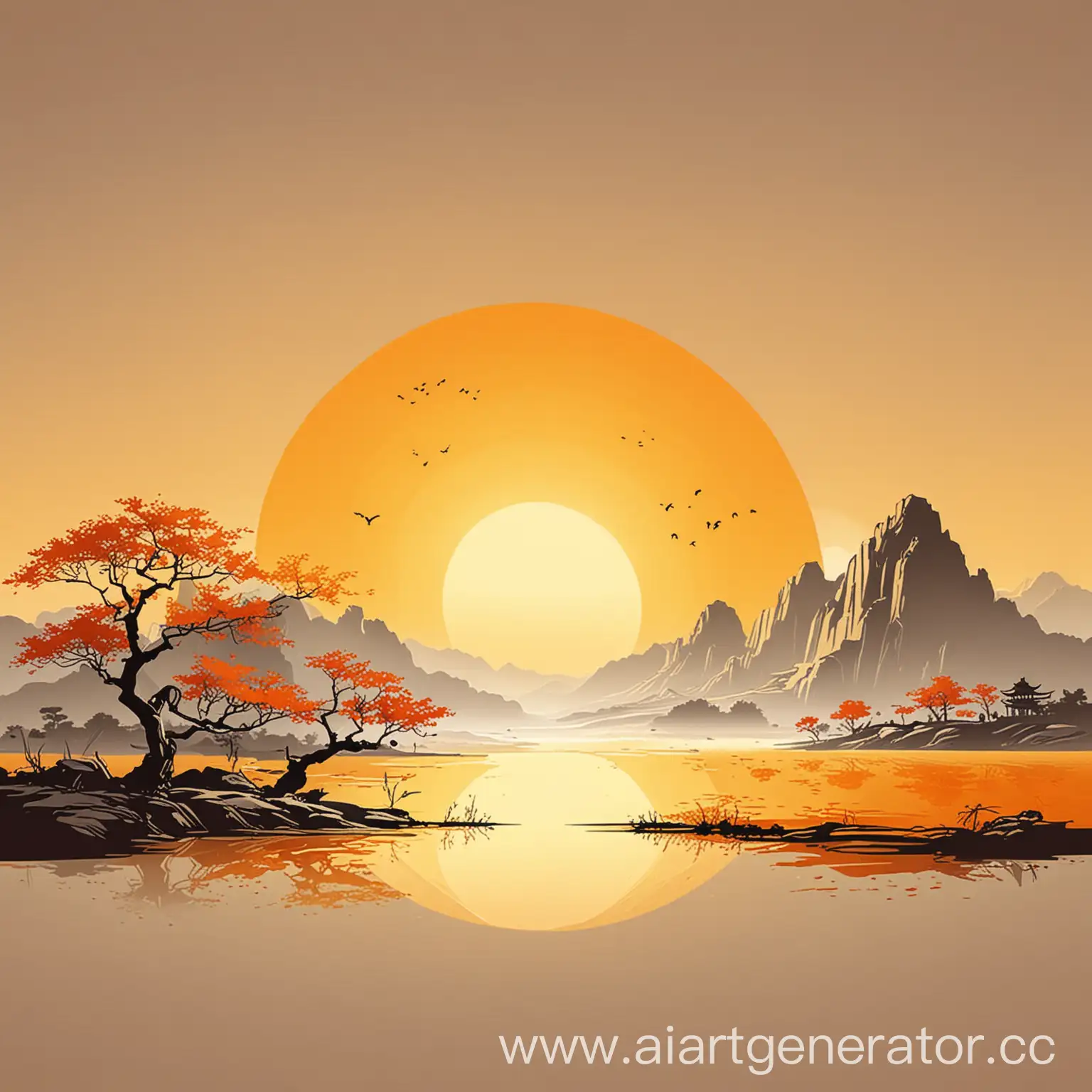 Chinese-Simple-Vector-Landscape-Yellow-Orange-Sunset-Scene