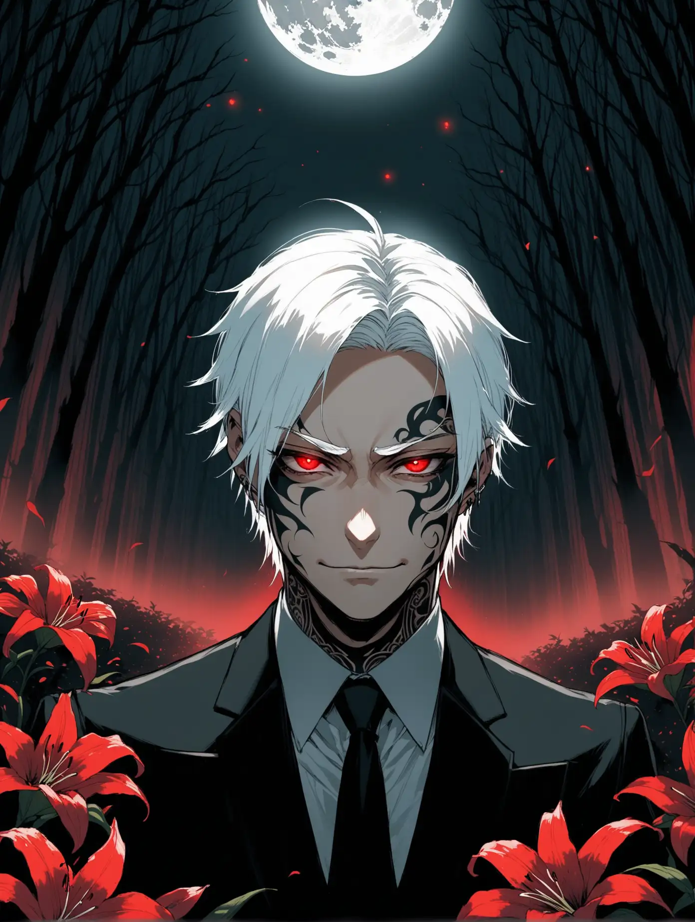 Arrogant-Man-with-White-Hair-and-Red-Eyes-in-Night-Forest-Graveyard