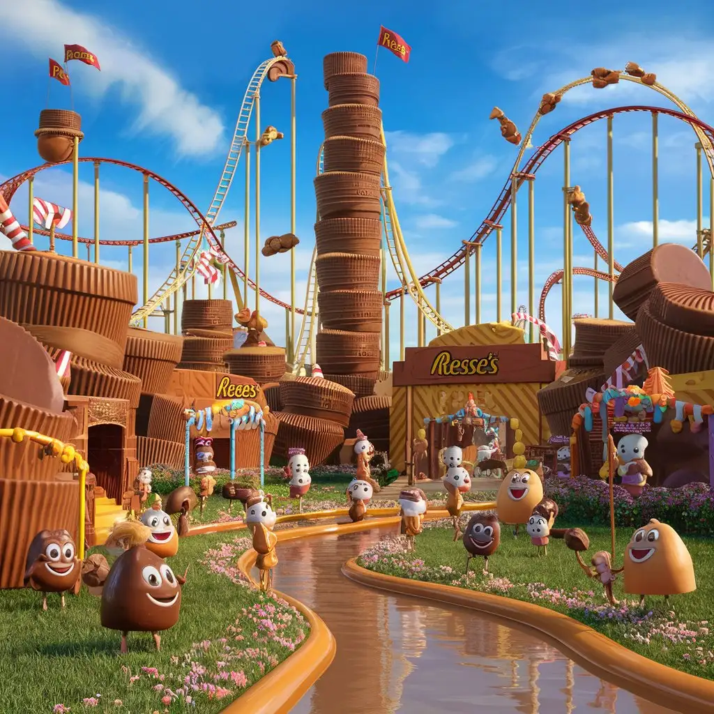 A vibrant and whimsical theme park made entirely of Reese's Peanut Butter Cups, brought to life in the charming and playful style of Pixar animation. The park features towering roller coasters constructed from giant peanut butter cups, caramel rivers flowing through the grounds, and candy-themed rides and attractions. Cheerful characters made of chocolate and peanut butter are enjoying the park, interacting with the delicious surroundings. The sky is a bright, sunny blue, adding to the magical and joyful atmosphere of this sweet paradise.