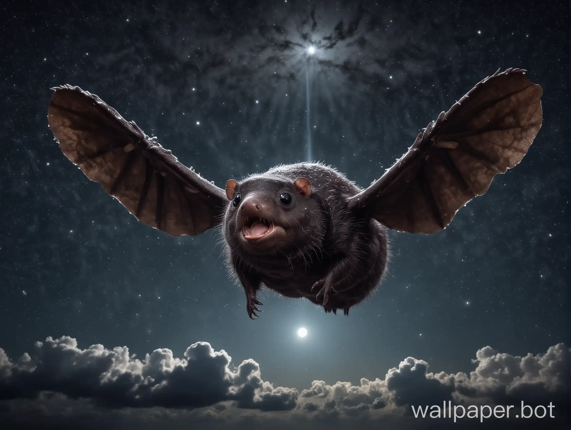 gigantic fanged ominous mole flies in the night sky. full size