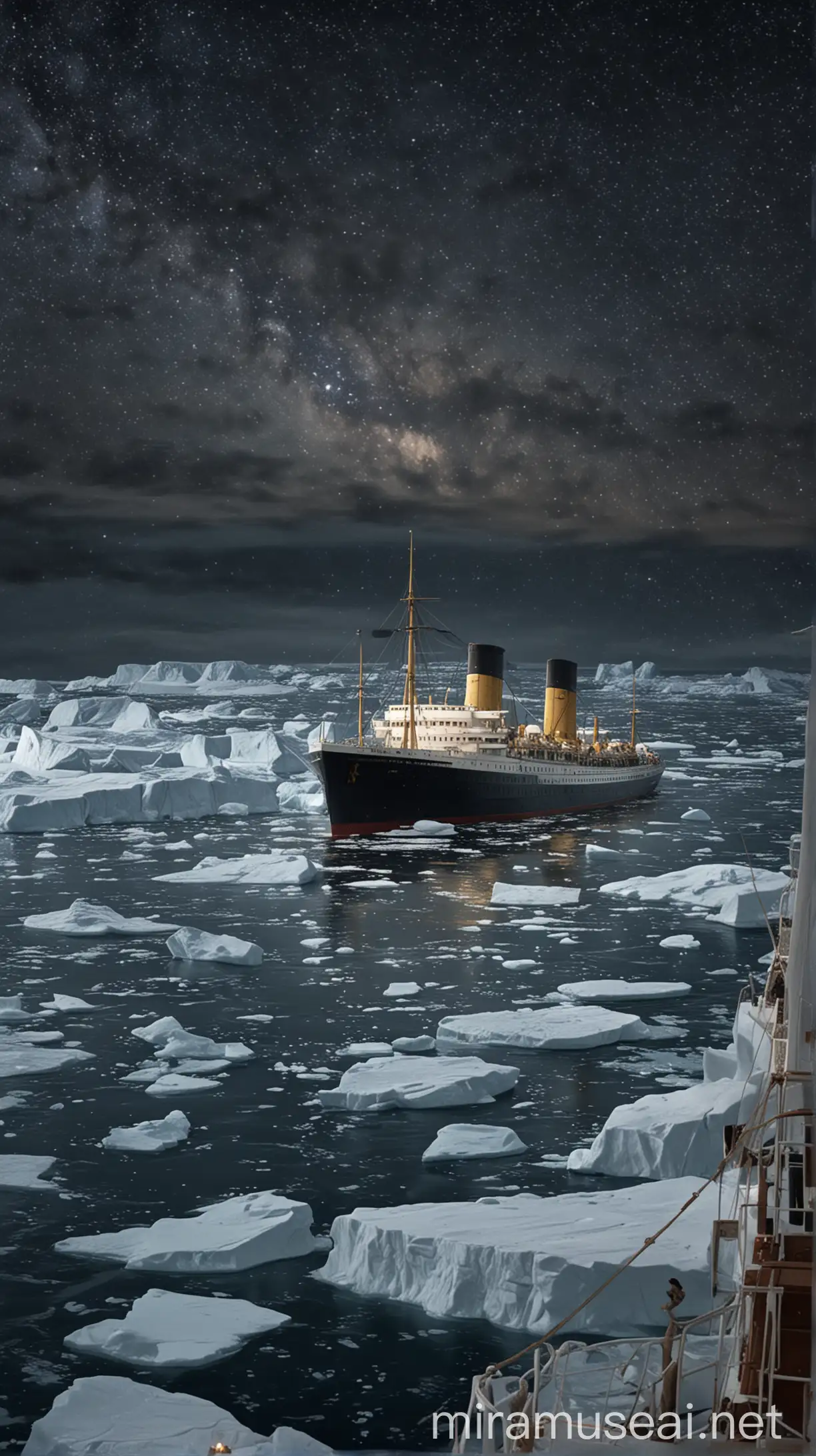 A starry night in the North Atlantic with the SS Californian halting its journey amidst a sea scattered with large icebergs. Captain Stanley Lord stands on the deck, looking out over the icy waters with concern, while the radio operator sends out warning messages to nearby ships. hyper realistic