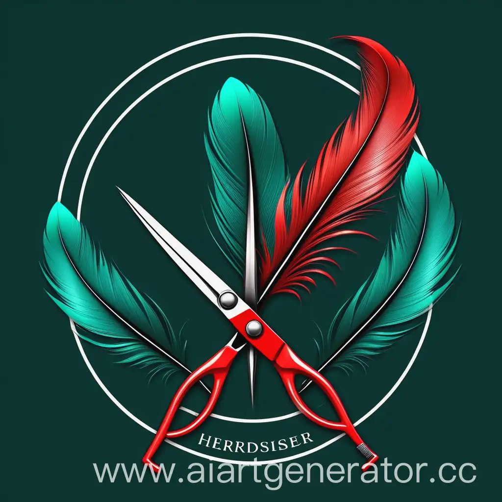 логотип парикмахера Exclusive с птичьем пером красно изумрудного цвета и ножницами