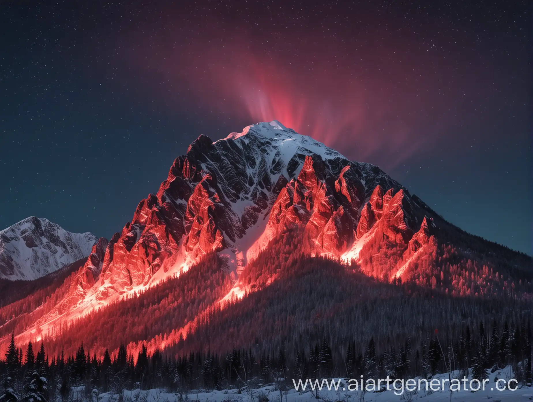 гора в зиме, ночью с полянрым сиянием но полярное сияние красное