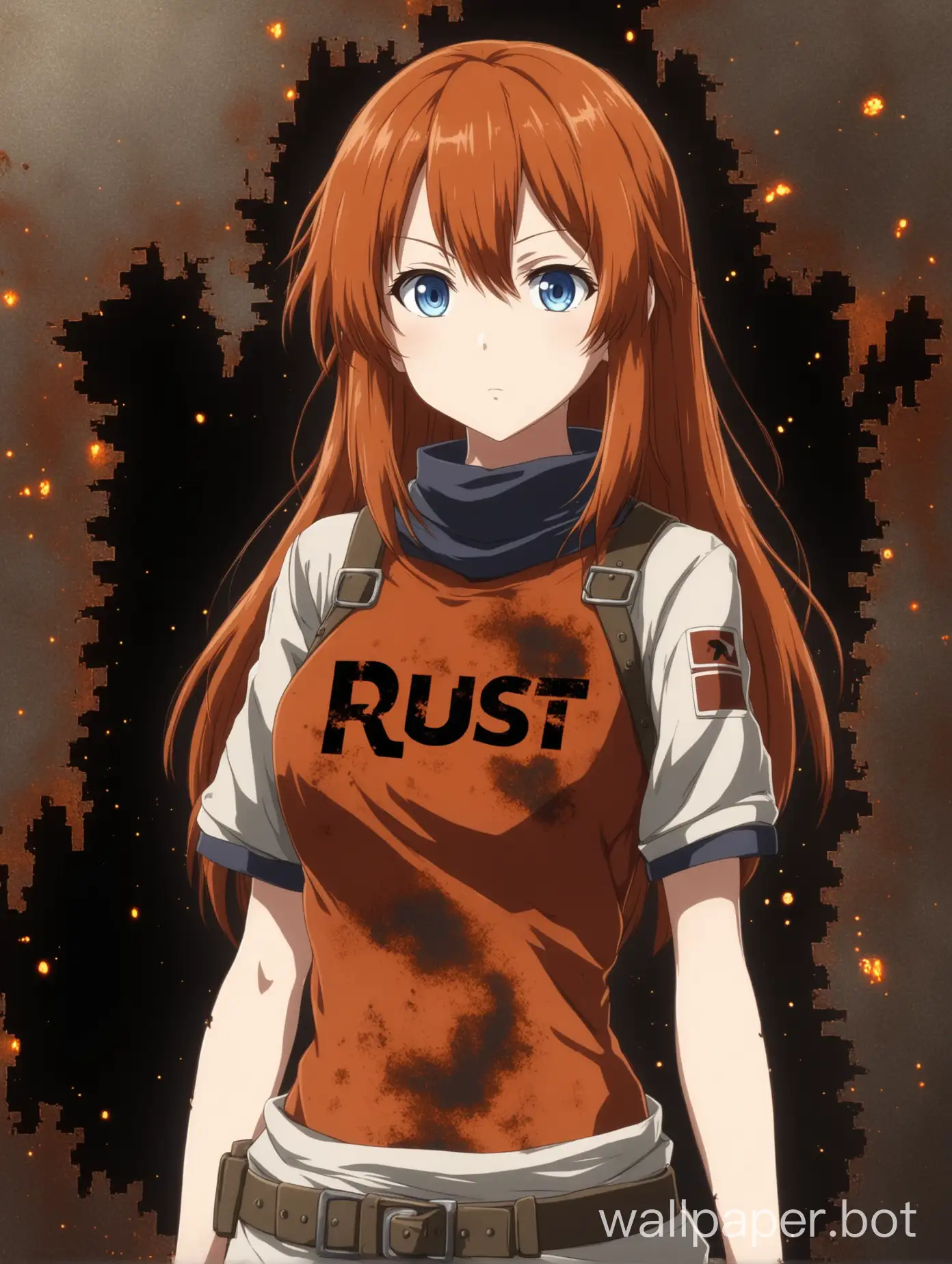 an anime girl with a top and the rust logo on her chest, \n\n