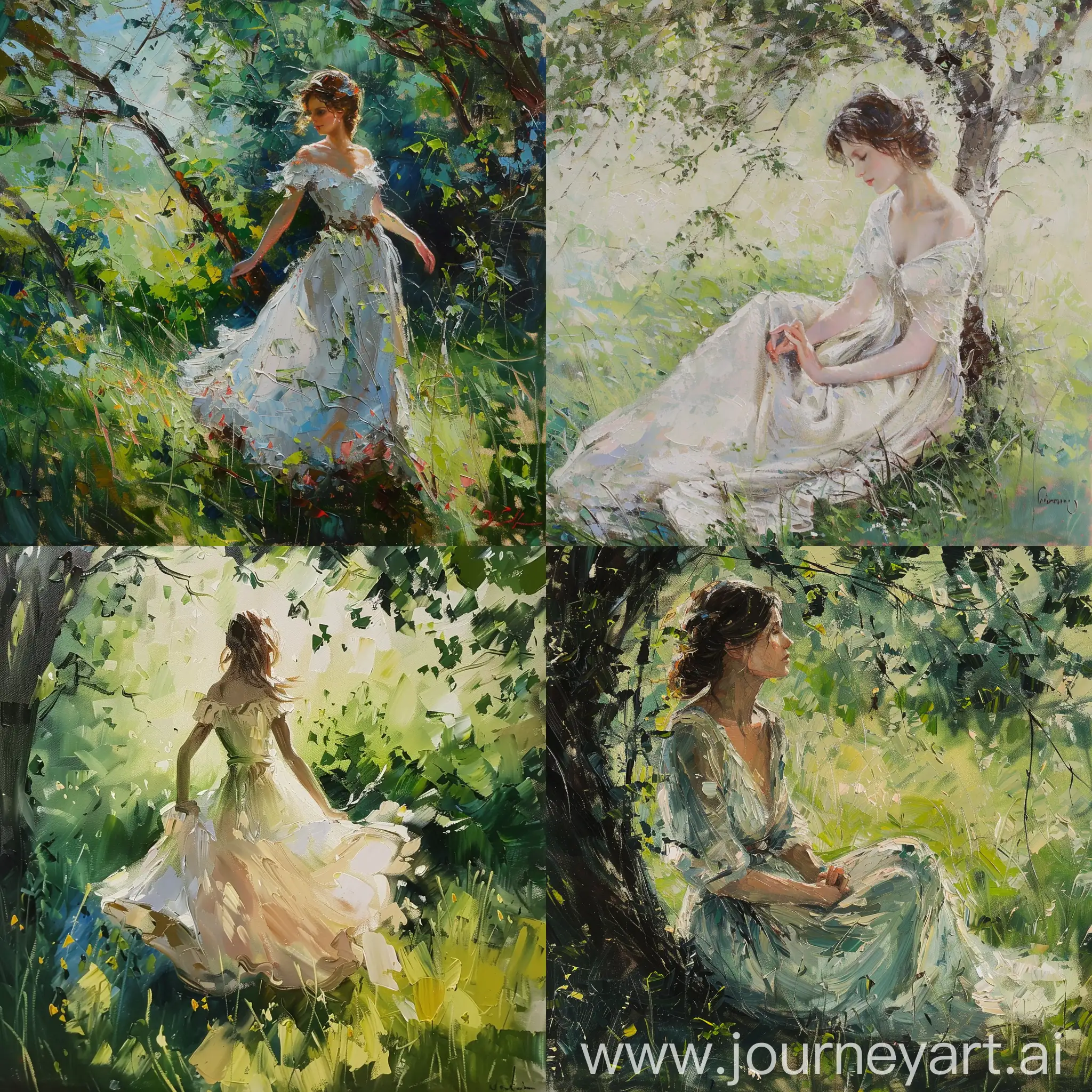 High resolution 4k impressionism painting of a beautify white lady wearing gown under meadow in greenery