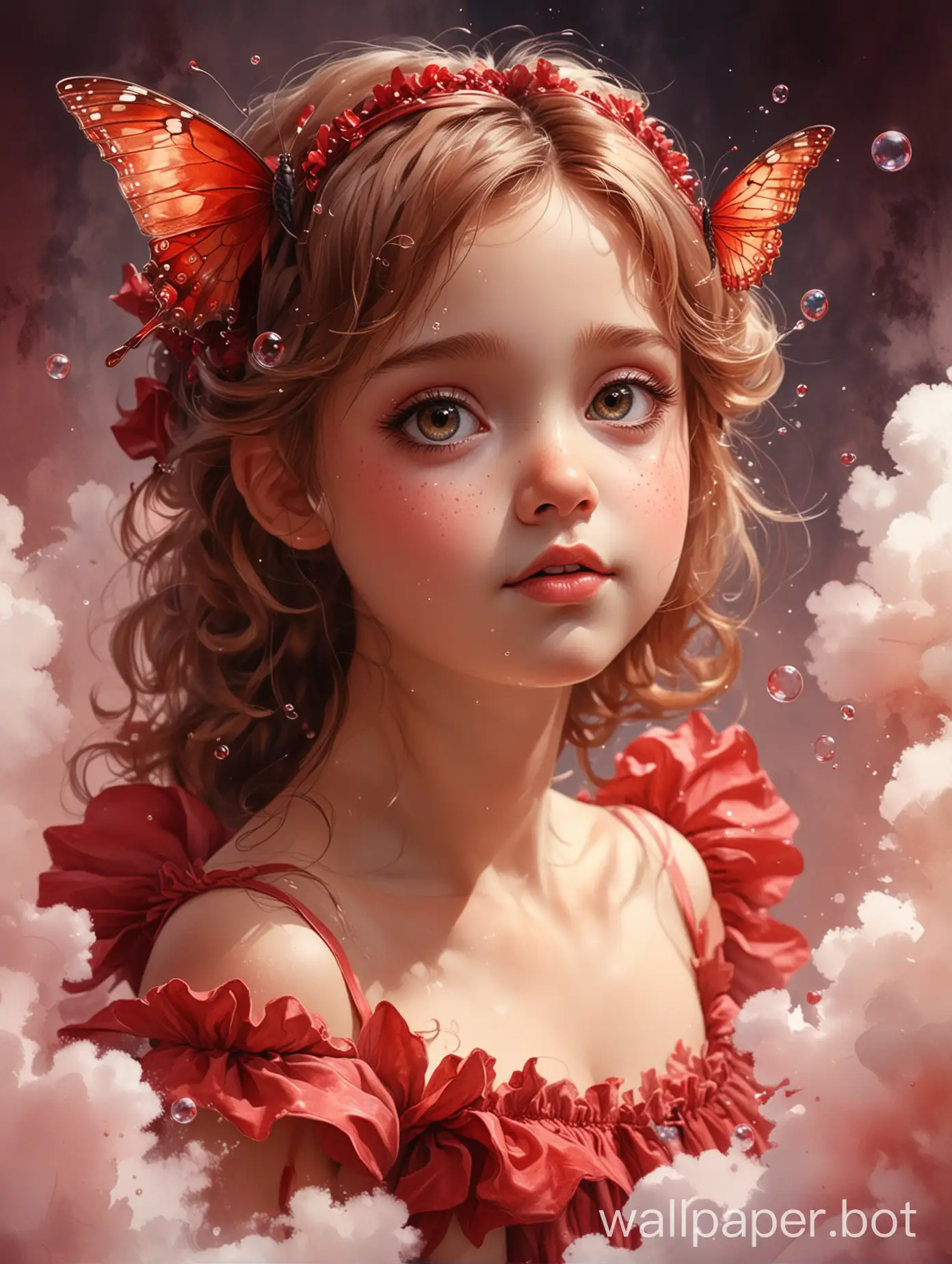 Soap bubbles, cotton clouds, on watercolor shades of crimson, burgundy and other reds| half body|lovely young princess butterfly fairy looking at me with big (light brown highly detailed eyes), shadow play| dynamic pose, as if flying towards me, bottom view| fairy tale, a beautiful fantasy loved by children and adults, ultra-high detail, high quality, Artstation, perfect centered composition, watercolor ink.