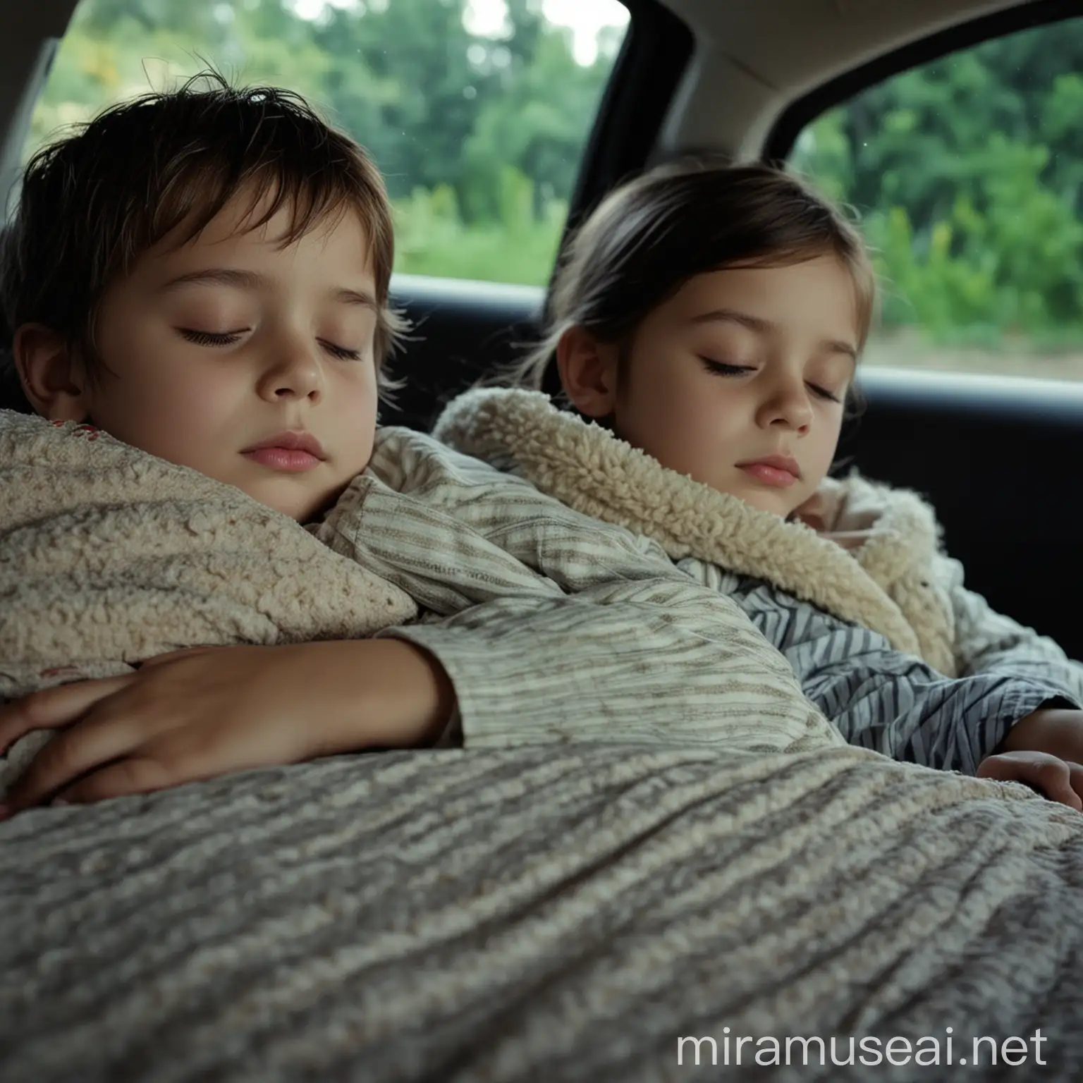 儿童在汽车上安静睡觉的场景，高清远景