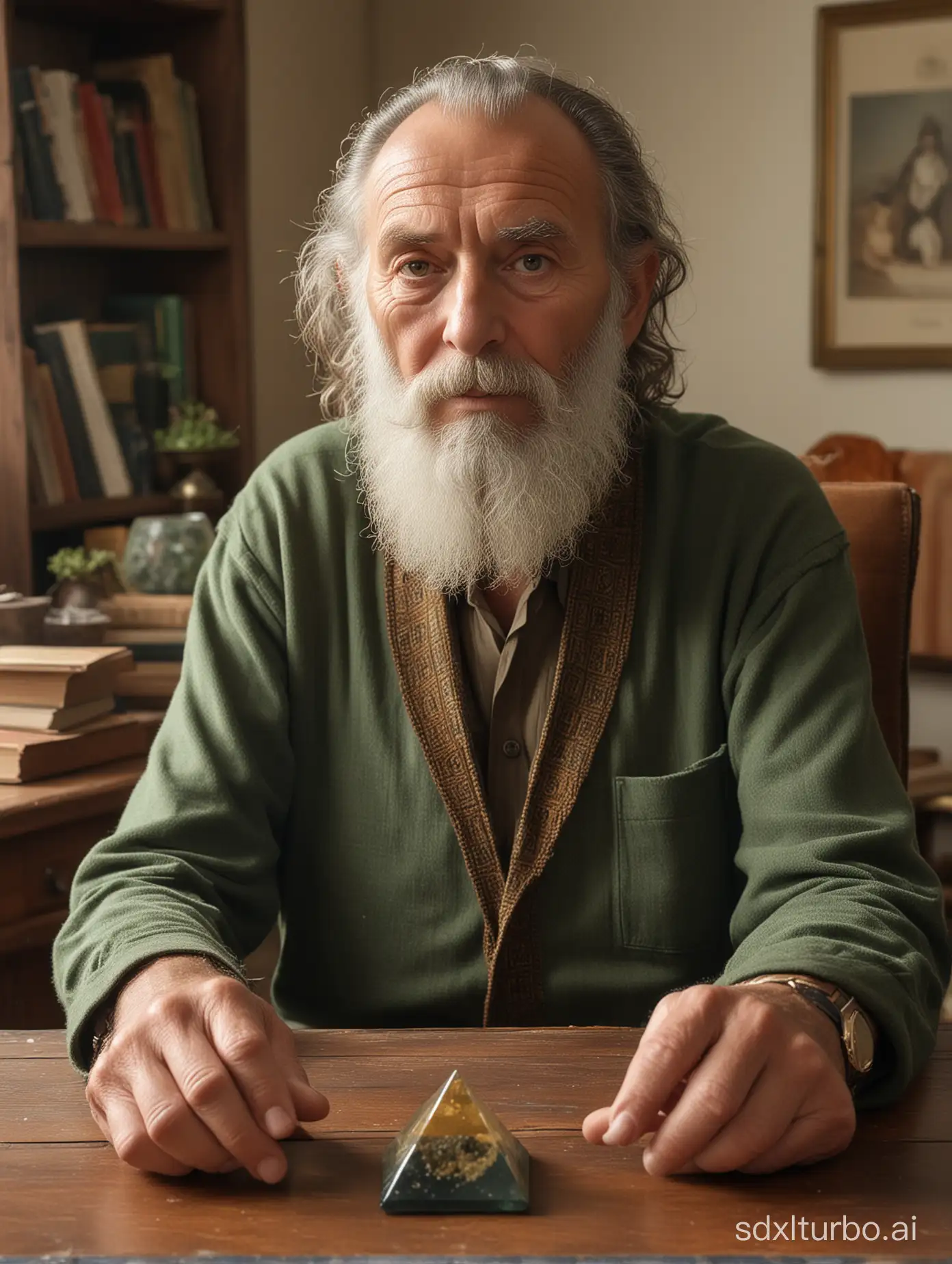 a 70 year old sage sitting on a chair with a small orgonite pyramid on his hand, real human, short hair, long beard, natural lights and atomesphere in the reading room, front view, eyes looking at the viewer, by canon, very realistic, photo view