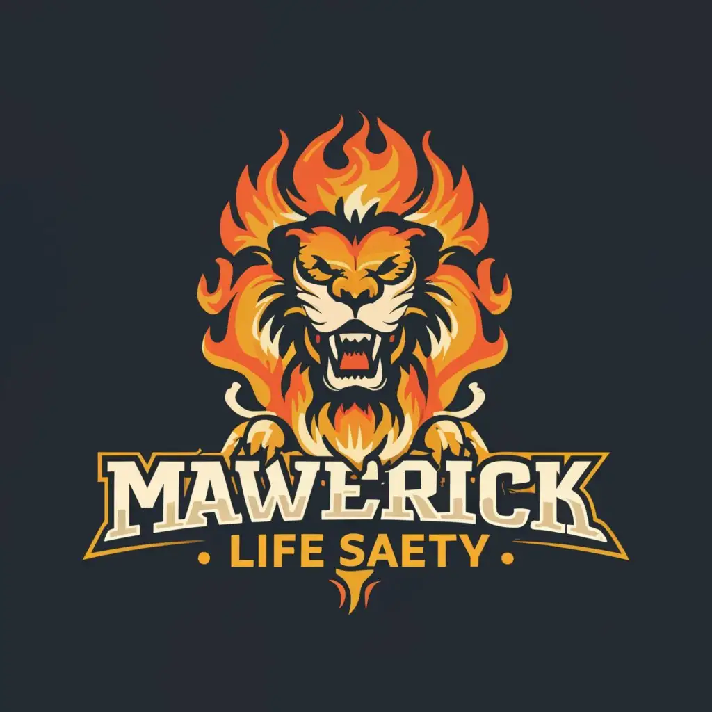 a logo design,with the text "Maverick Life Safety", main symbol:Fire
Lion
,Moderate,clear background