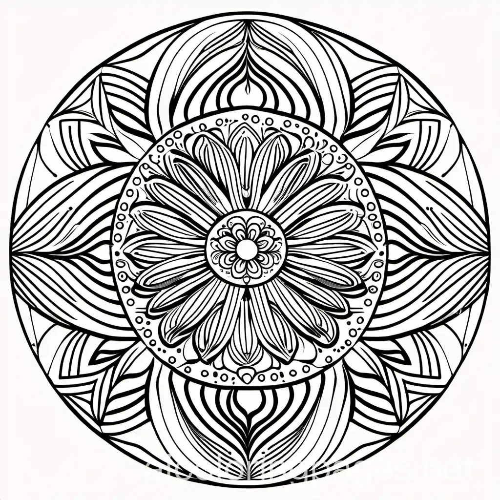 Coloring Page for Adults, Mandala, black and white, line art, white background, Simplicity, Ample White Space. The background of the coloring page is plain white to make it easy for young children to color within the lines. The outlines of all the subjects are easy to distinguish, making it simple for kids to color without too much difficulty