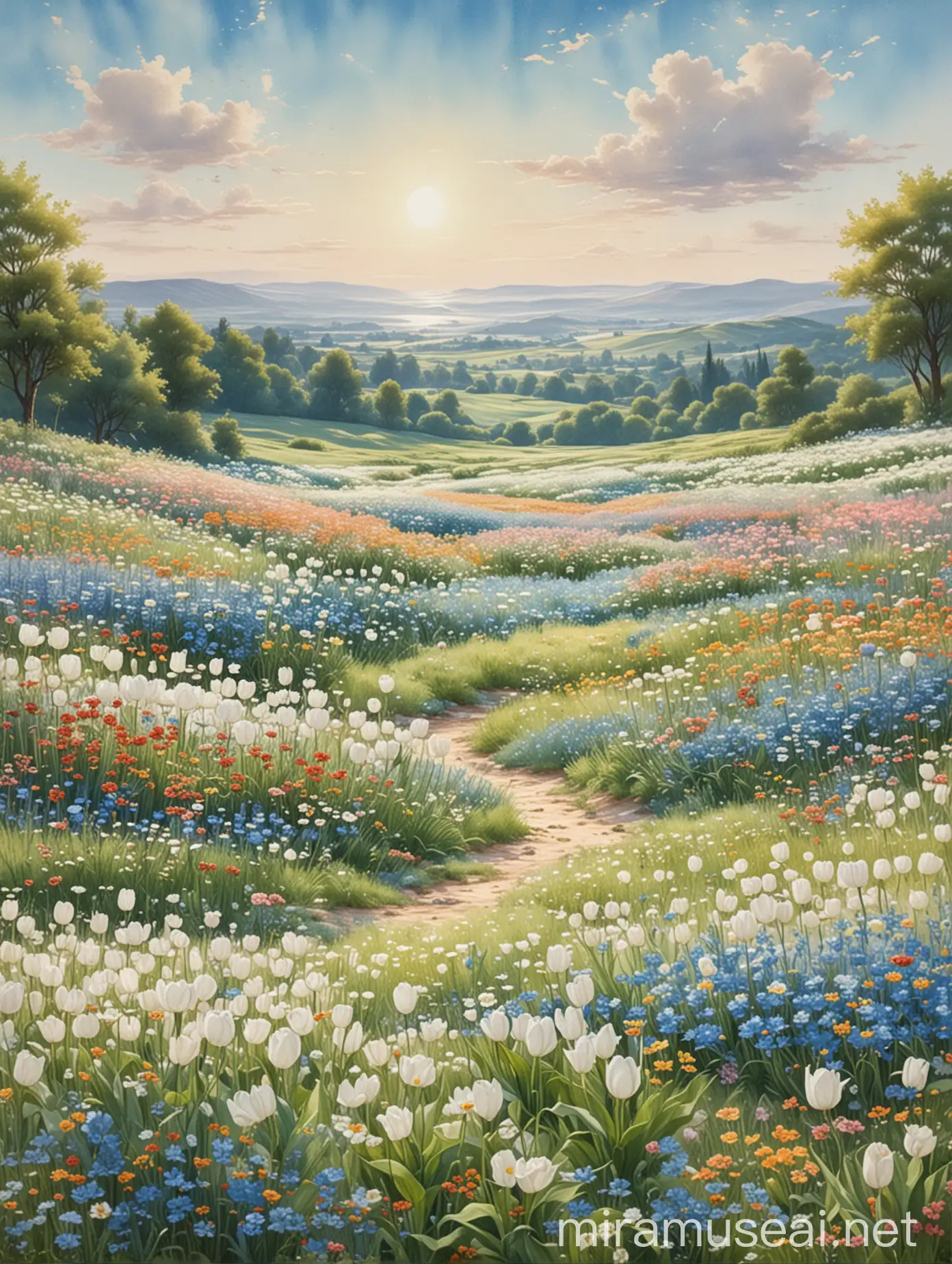 Flower field with wildflowers and white tulips, gentle hilltops in the distance, sunlit, blue sky, watercolours pastels like ghibli studio backgrounds