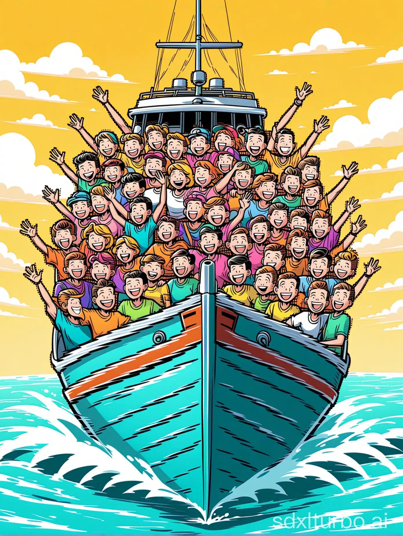 A boat full of happy people. Cartoon-Style.