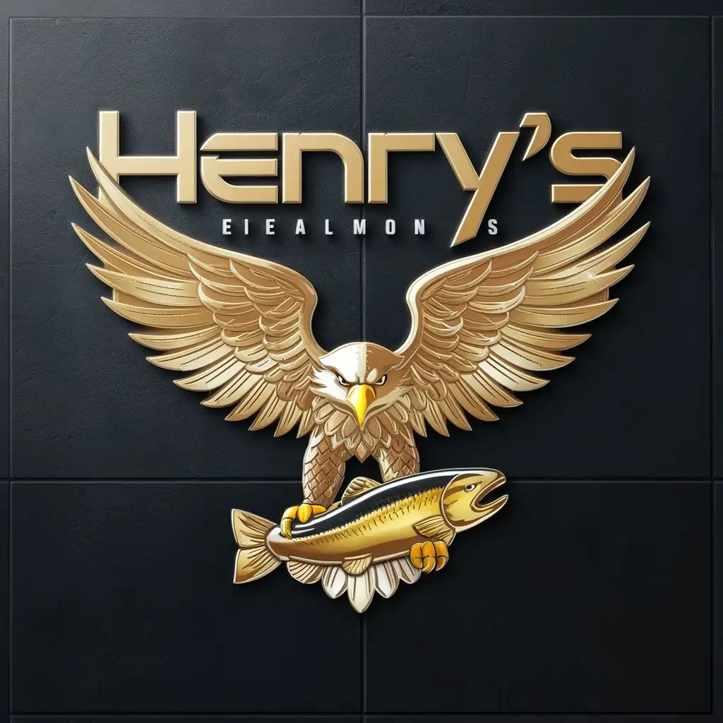 a logo design,with the text 'Henry’s', main symbol:A majestic golden eagle spreading its wings and feathers while grasping a salmon with its claws. Black background.,Moderate,clear background