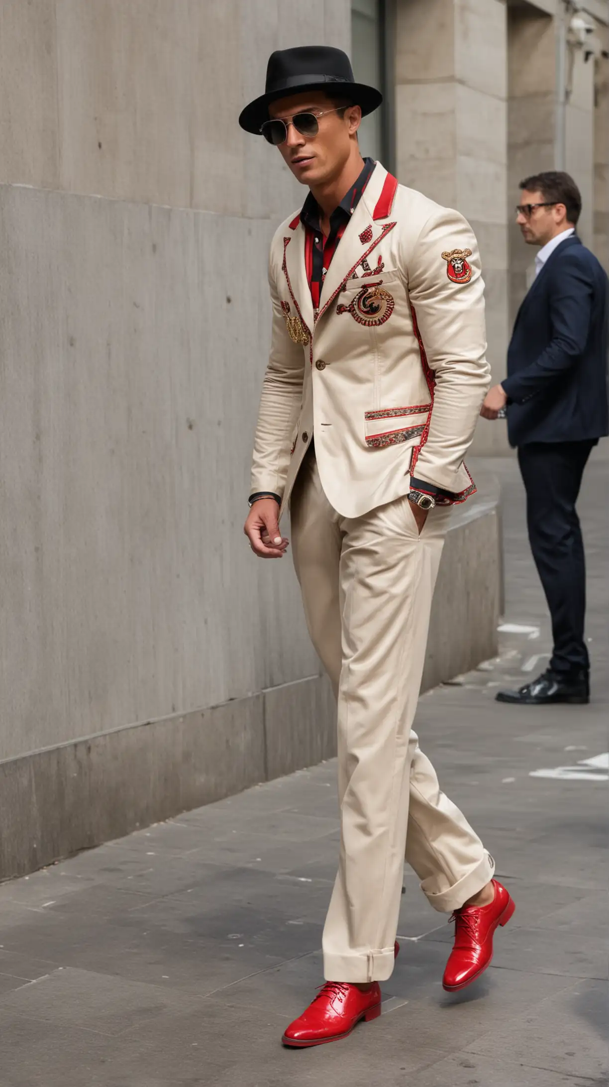 Cristiano Ronaldo Wearing Gucci Jacket. trousers. red shoes. glasses. hat. walking at Fashion week contrasts. shot From the Far Front