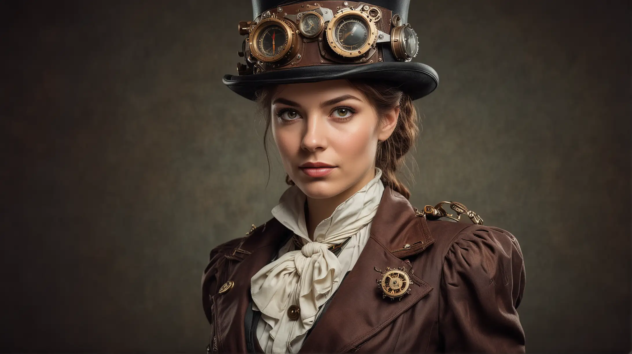 a portrait of a time treveller woman in a steampunk suit