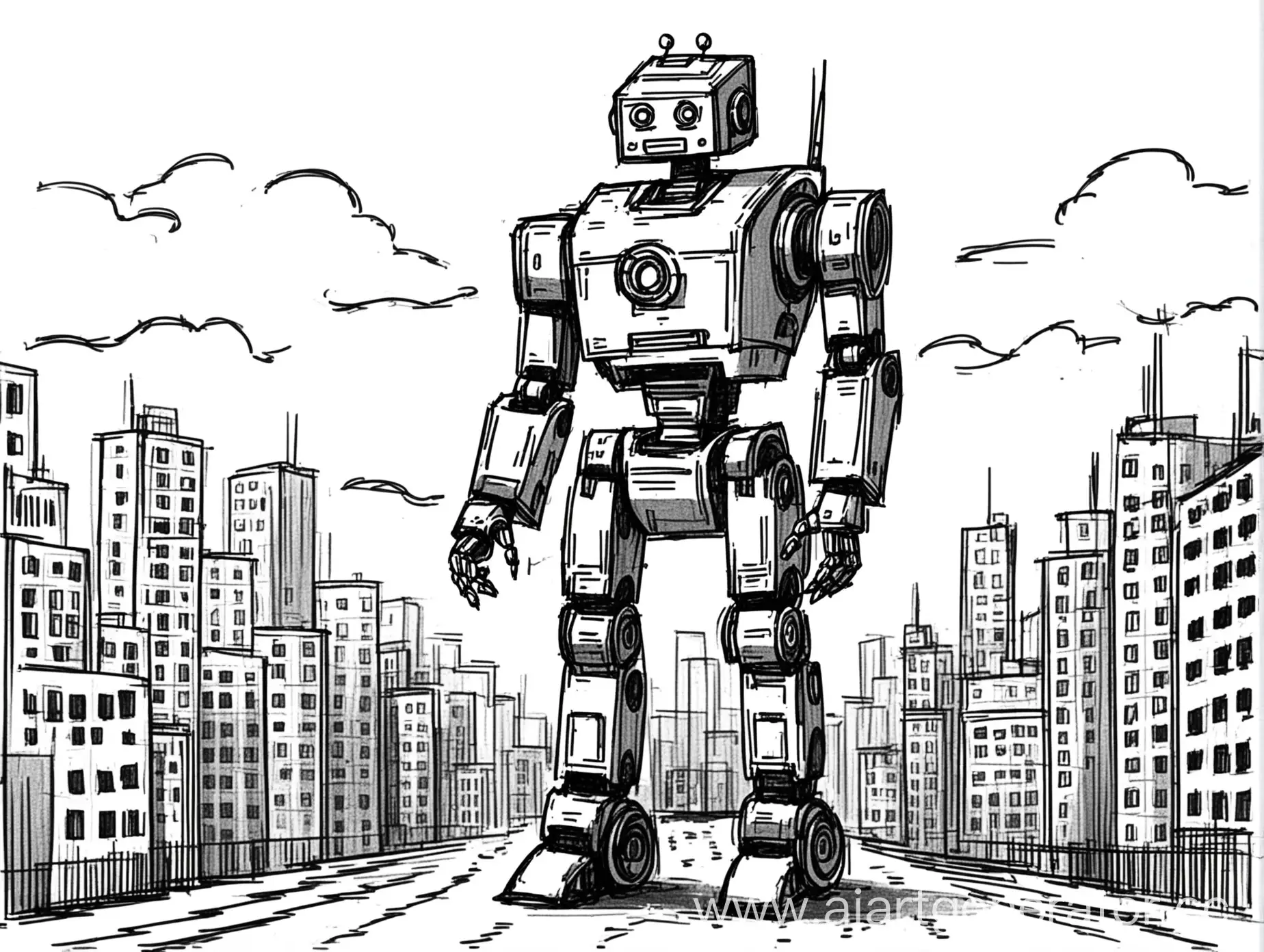 Create a simple sketch of a robot on the background of a city drawn by a beginner very simple and easy sketch