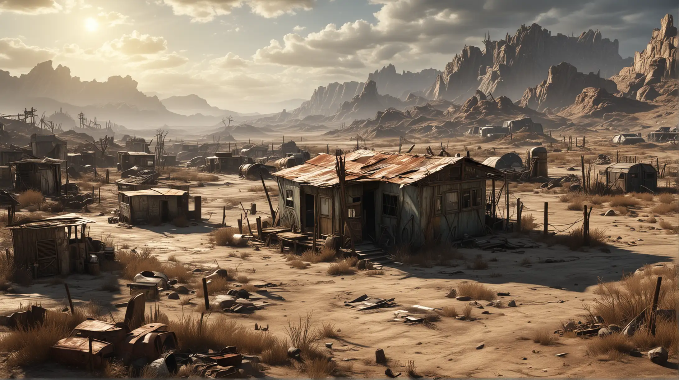 fallout-inspired wasteland with only one ramshackle shack in an empty land