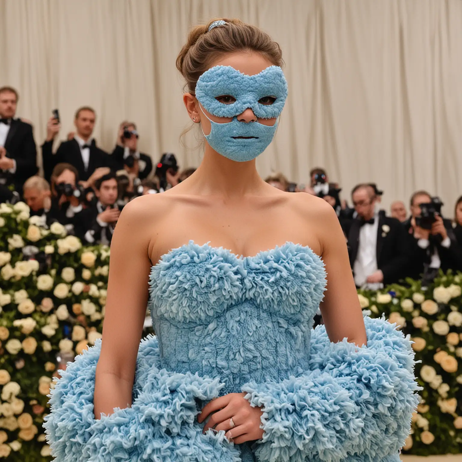 Met Gala Fashion Model in Blue Fluffy Pillow Dress and Sleeping Mask