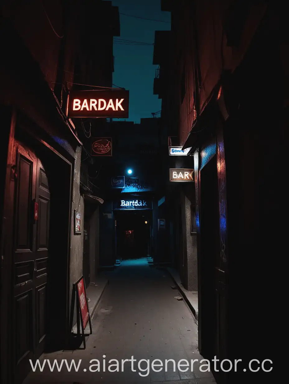Urban-Night-Scene-Bardak-Bar-Entrance-in-Dimly-Lit-Street