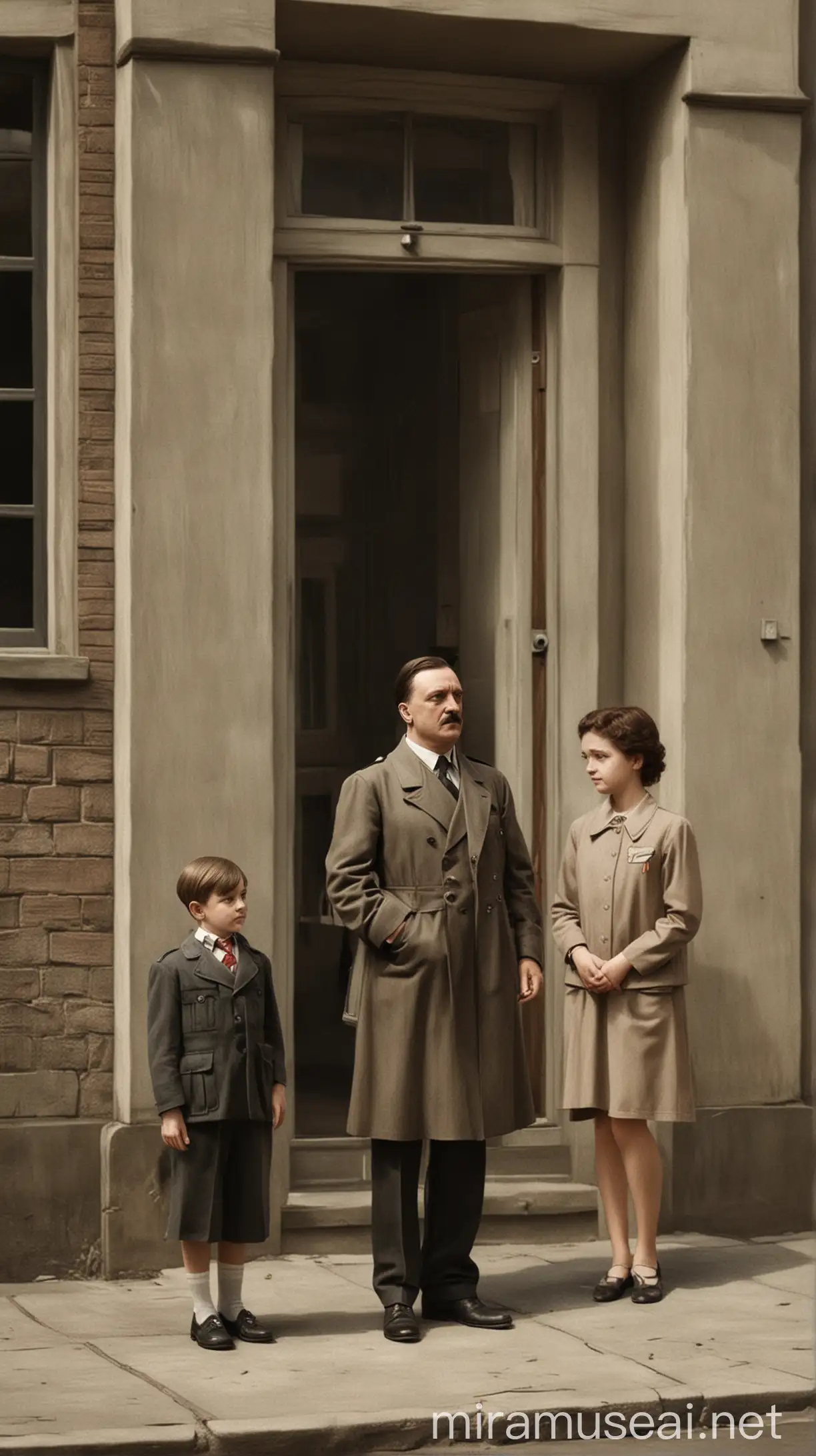A young Adolf Hitler standing outside Bloch's clinic, watching with admiration as Bloch tends to his mother. hyper realistic
