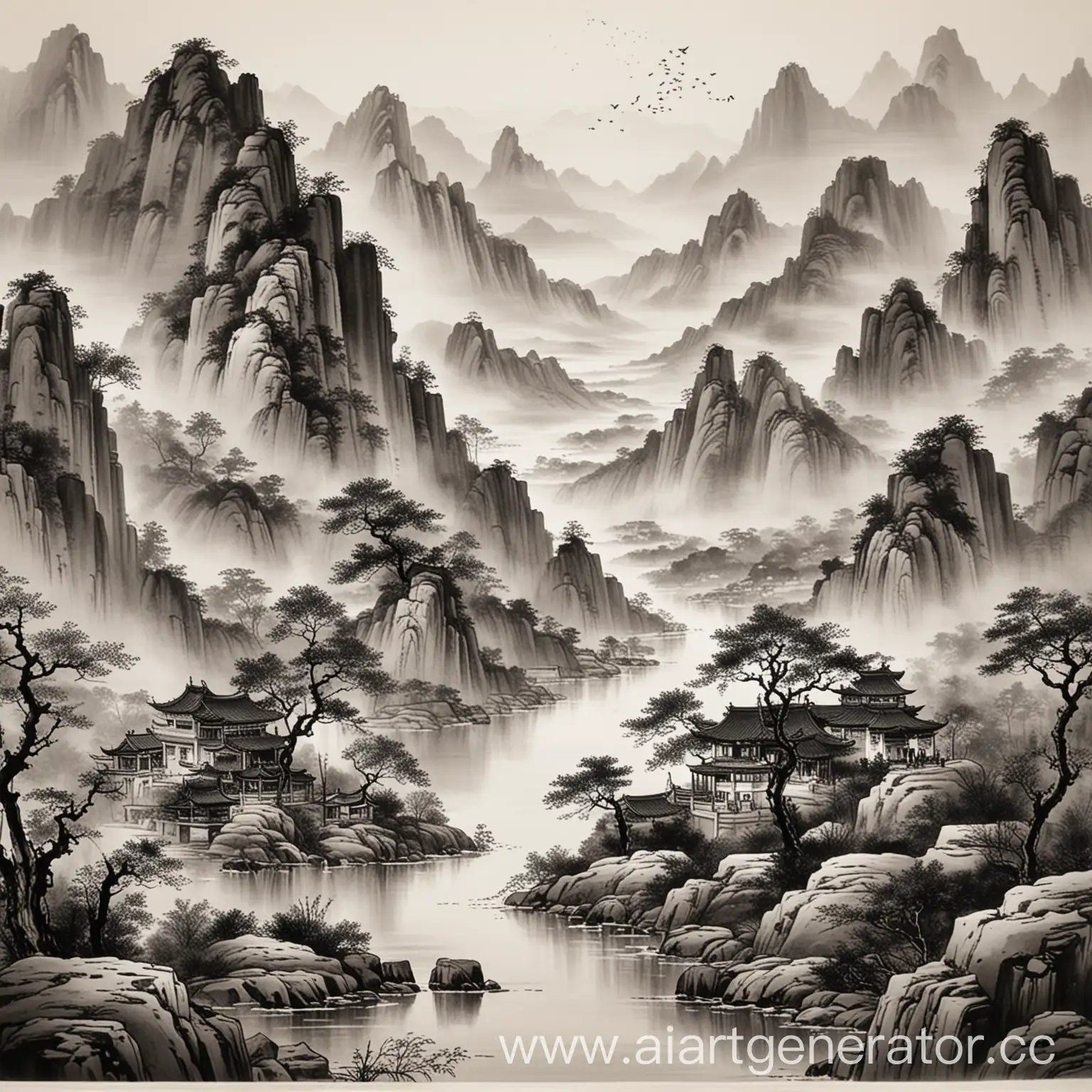 Traditional-Chinese-Landscape-Painting-Monochrome-Mountain-Scene
