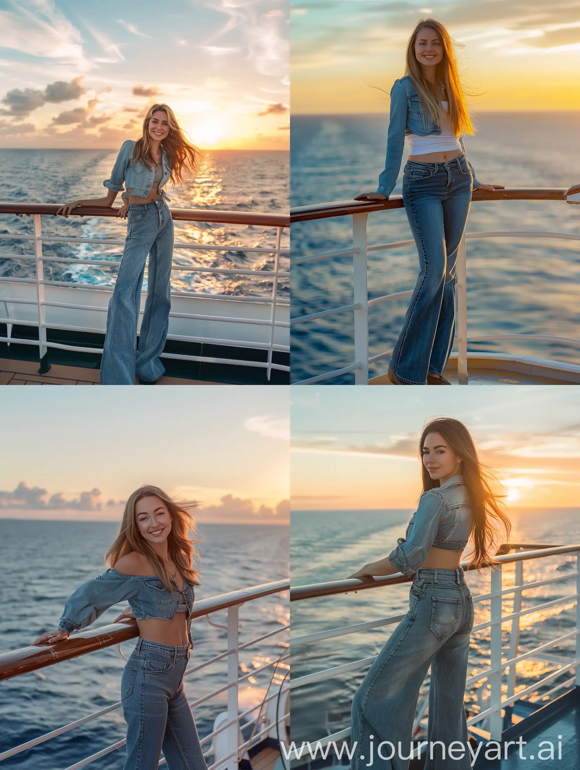 Fotografi sinematik, fokus fokus menunjukkan suasana di dek kapal pesiar saat matahari terbenam, Anda bisa melihat wanita cantik Amerika berkulit putih mengenakan denim dan celana panjang jeans.berdiri tegak di atas pagar kapal dengan punggungnya ke laut, suasana yang tenang, tersenyum kekamera