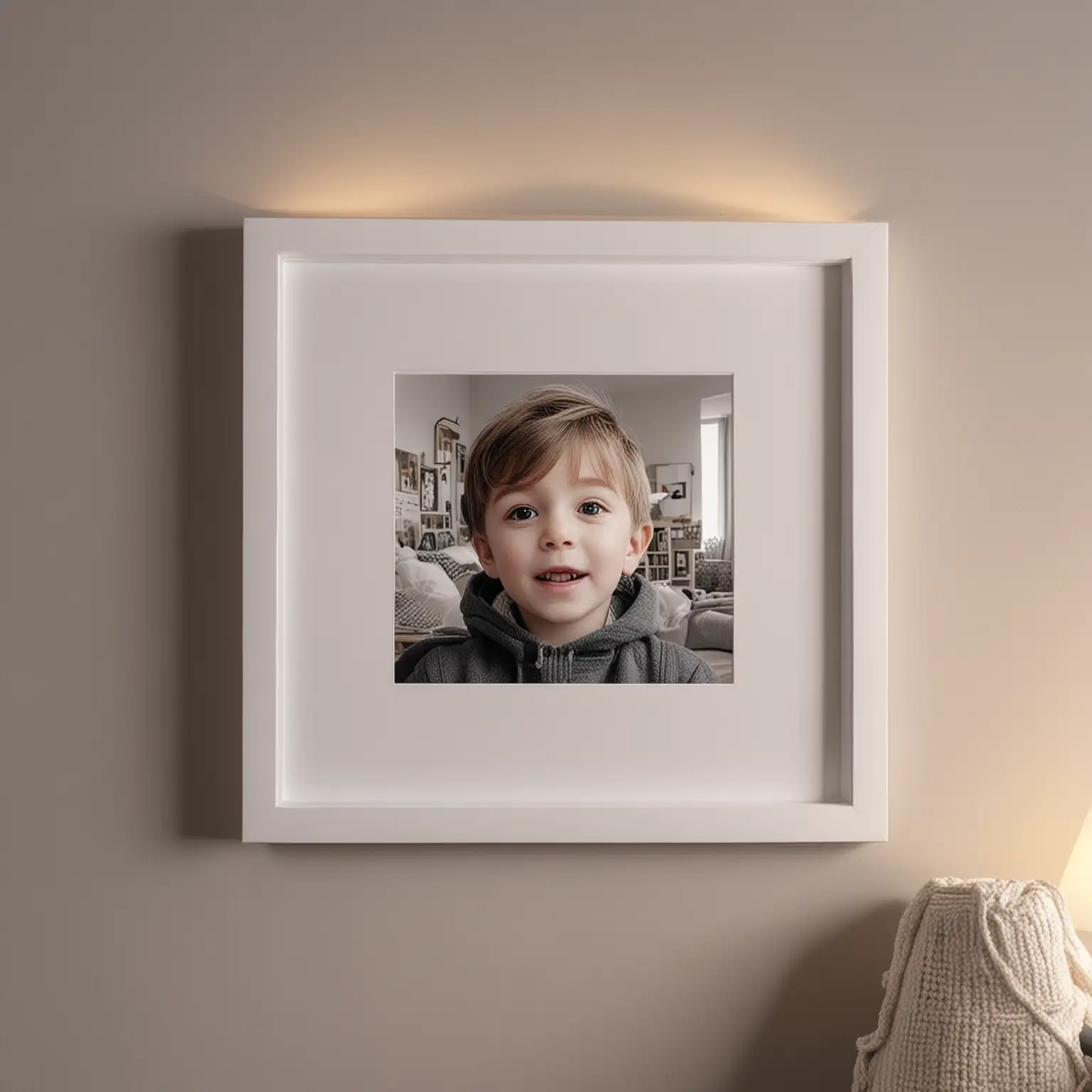 Photo of a flat photo frame, white color, square shape, hanging on the wall in a boy room, with good lighting and 4k details.
