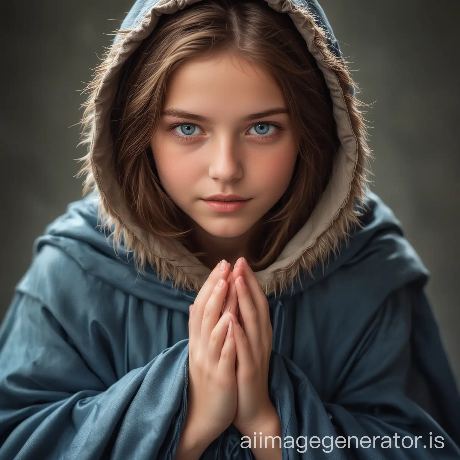 16 year old girl feather hands brown hair blue eyes in blue cloak