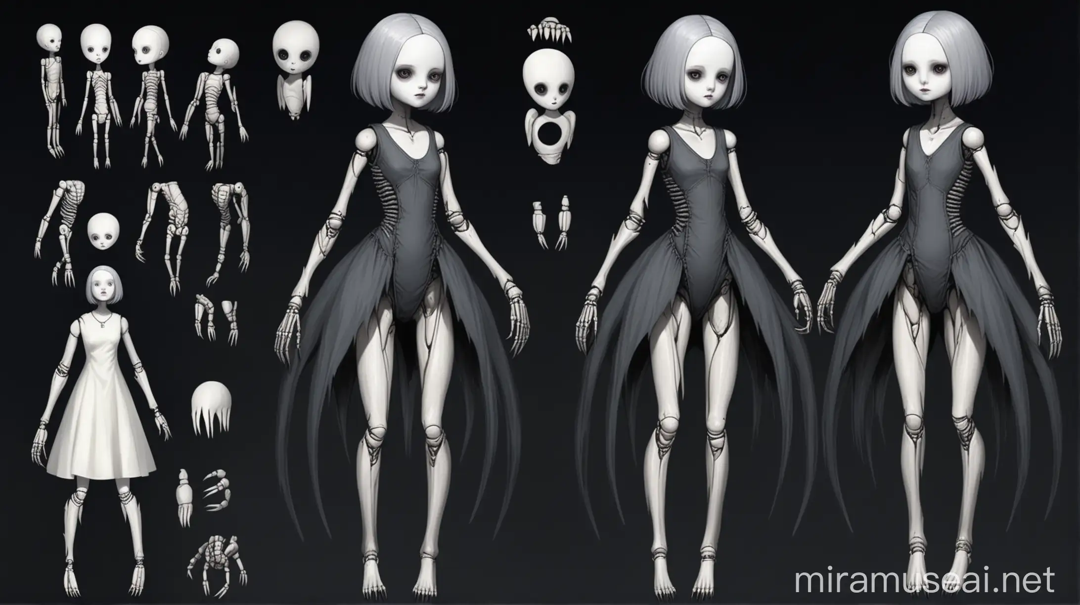 grey short hair, pale white doll like skin, cryptid, doll joints on her bodyparts, gothic style sleeveless dress, character reference, battleform 