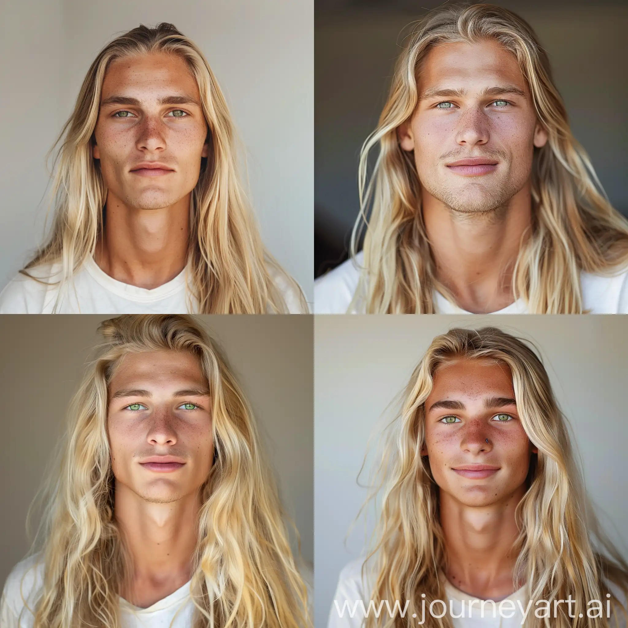blond guy with long hair. stands at full height. thin nose. green sandy eyes, gentle smile