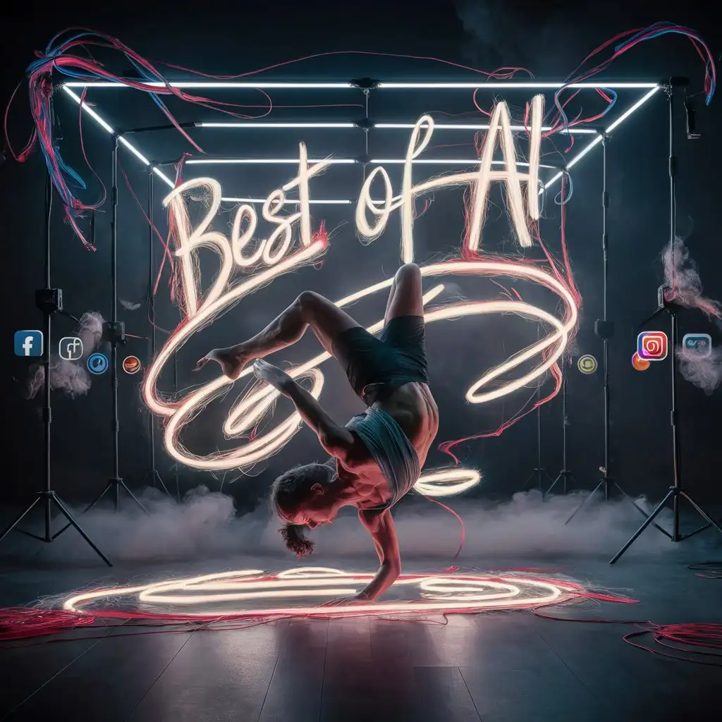 With Light and neon fibres in the air paint and write  the woed "BEST OF AI". A break dancer dance with fluid emotional action. Neon light follows its movement. Light design. Surrealism dark emotional and romantics fog and social media icons and neon fibers and lava quadruple exposition. Black clean background. Studio shot. Use high-quality DSLR camera to capture details and natural colors. Sharp focus on the floor. Winning photography.