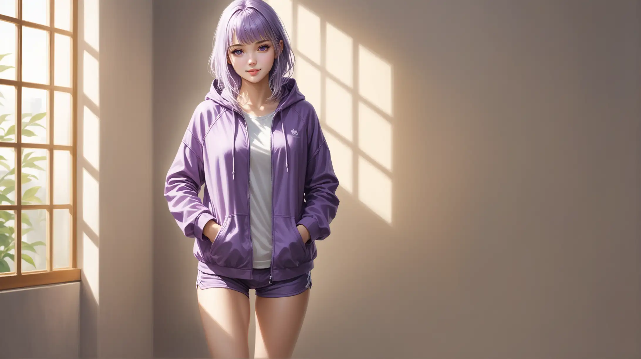 Draw a woman, shoulder length light purple hair, messy bangs framing her face, light purple eyes, petite figure, high quality, realistic, accurate, detailed, long shot, indoors, standing, full body, natural lighting, seductive pose, shorts and hooded jacket, smiling at the viewer