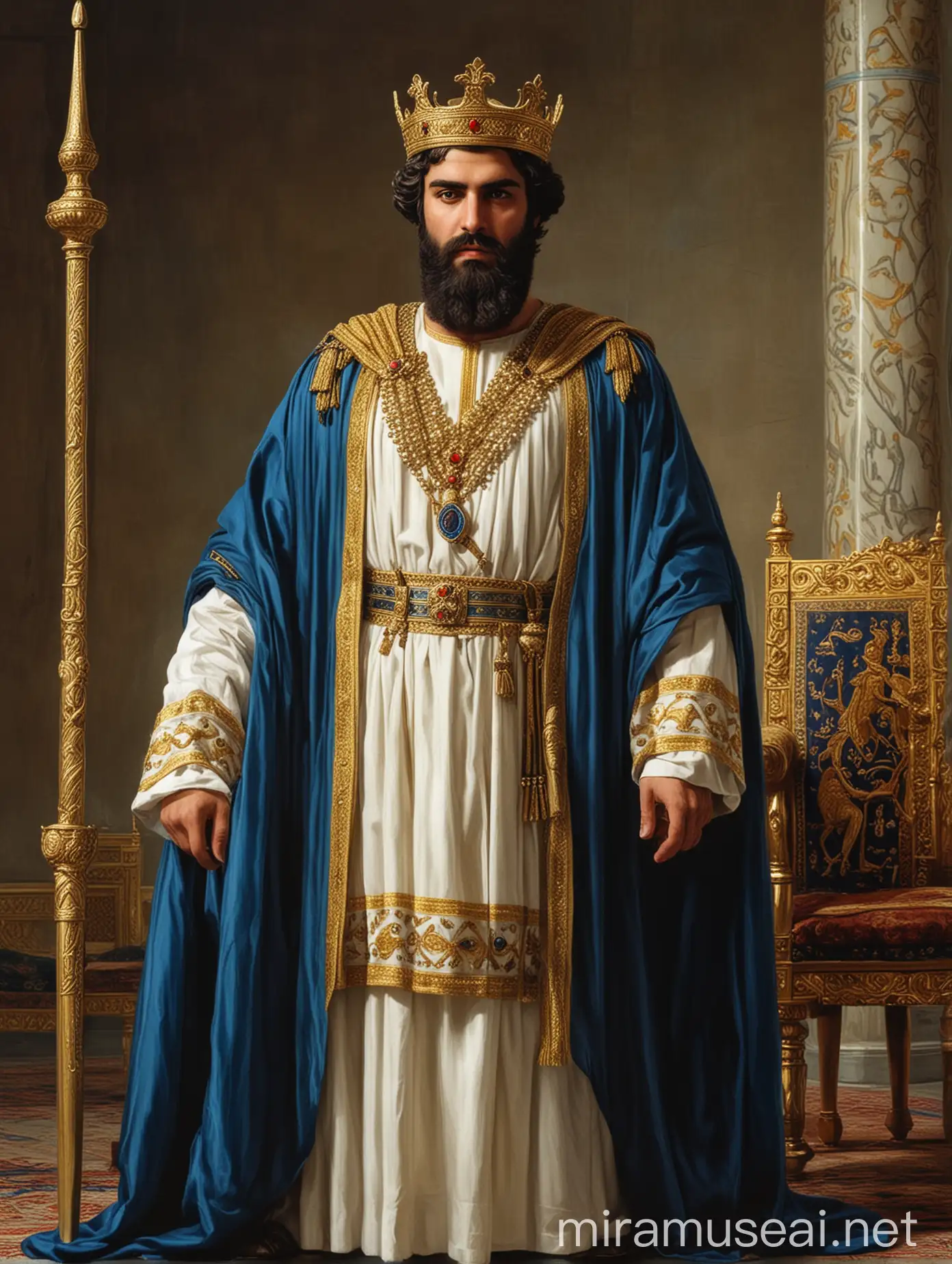 Cyrus the Great, the Persian king of the Achaemenid period, standing in front of the royal throne, short curly hair and beard, a long golden crown on his head, white clothes with a blue cloak, one hand is a golden scepter and the other hand is a sign of high leadership, lighting Professional, f 1