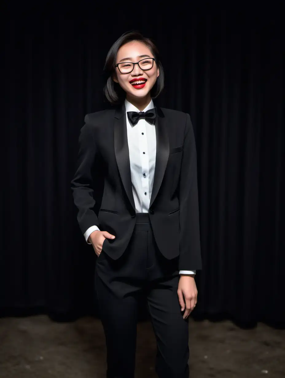 A pretty Chinese woman with shoulder length hair and red lipstick is standing in a dark room.  She is smiling and laughing.  She is wearing a tuxedo with (black pants).  (Her jacket is black and open).  Her shirt is white with a black bow tie.  She is wearing glasses.