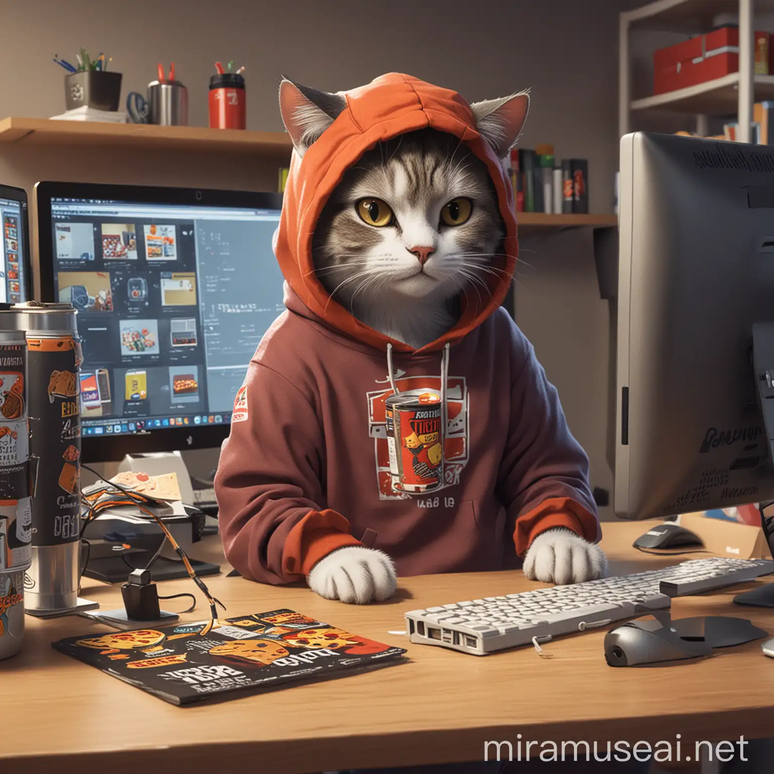 Cartoon Cat in Hoodie Working at Computer Desk with Pizza Boxes and Energy Drinks