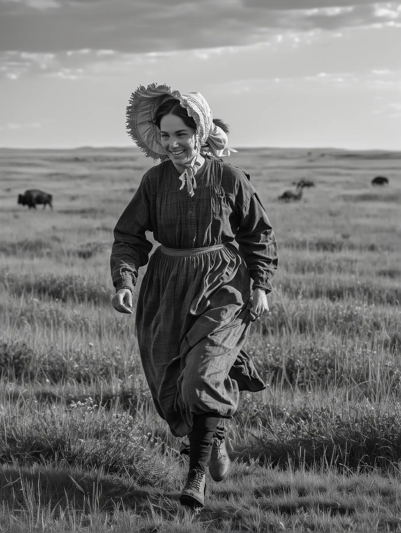Pioneer Woman Running Across Prairie with Buffalo in Monochrome