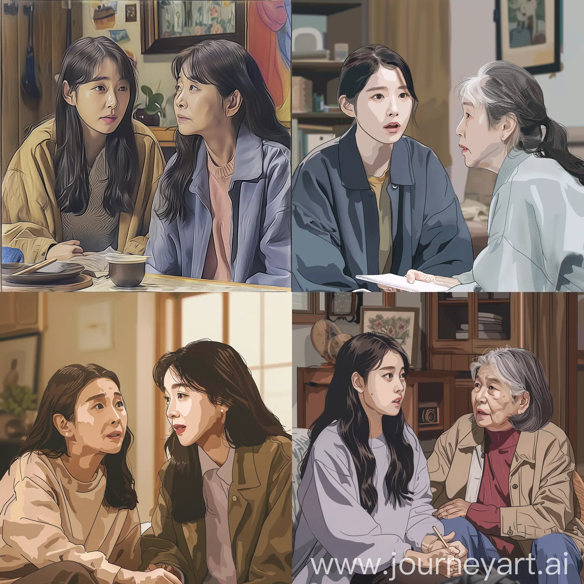 Нарисуй момент из корейского сериала "My mister", который был снять в 2018 году, в главной роли была корейская актриса АйЮ.. В этом моменте главная героиня сидит вместе со своей бабушкой. 