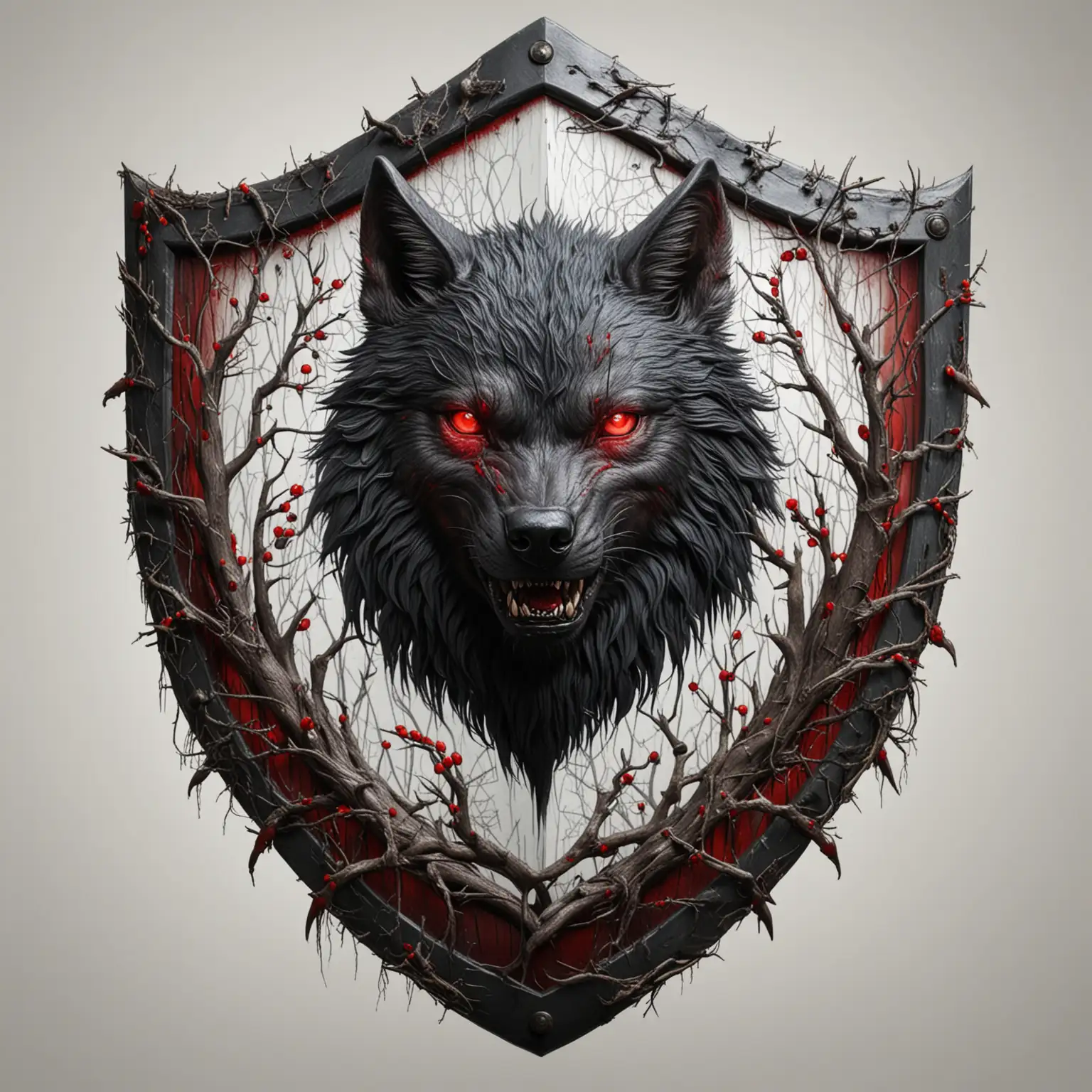 щит, чёрно красный, гроза, волк, шипы, на белом фоне, высокое качество